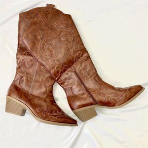 NEW Western Cowgirl Brown Tan Wide Calf Flame Stitched Cowboy Boots US 12.5